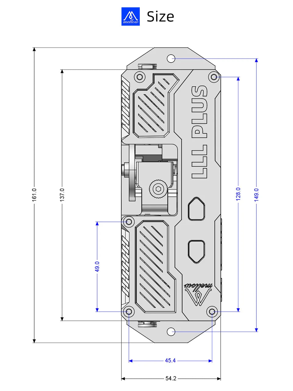 Technical drawing of a multi-tool with dimensions labeled