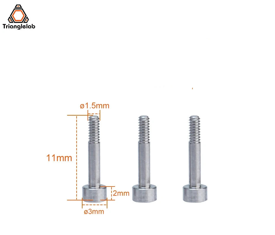 Set of screws with measurements on a white background, featuring Trianglelab logo.