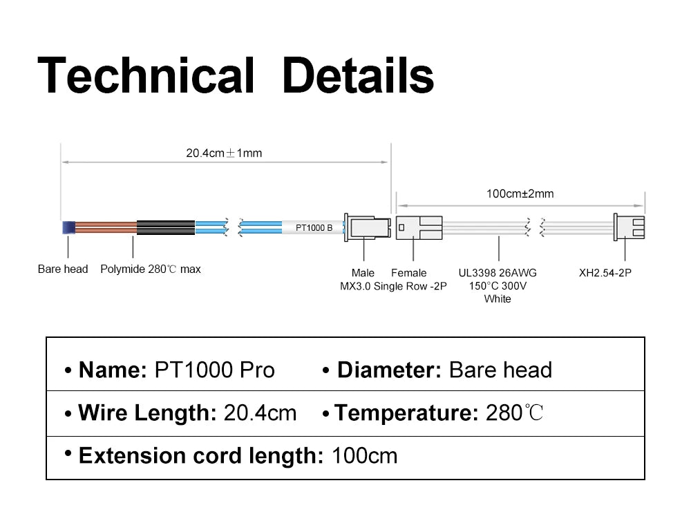 Bare PT1000 Thermistor for Rapido V1/V2 / Triangle Labs CHC