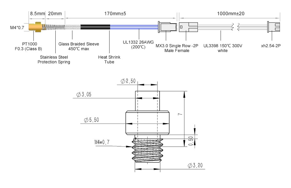 PT1000 Pro High temperature thermistor (450°C) M4 / M3 Screw In