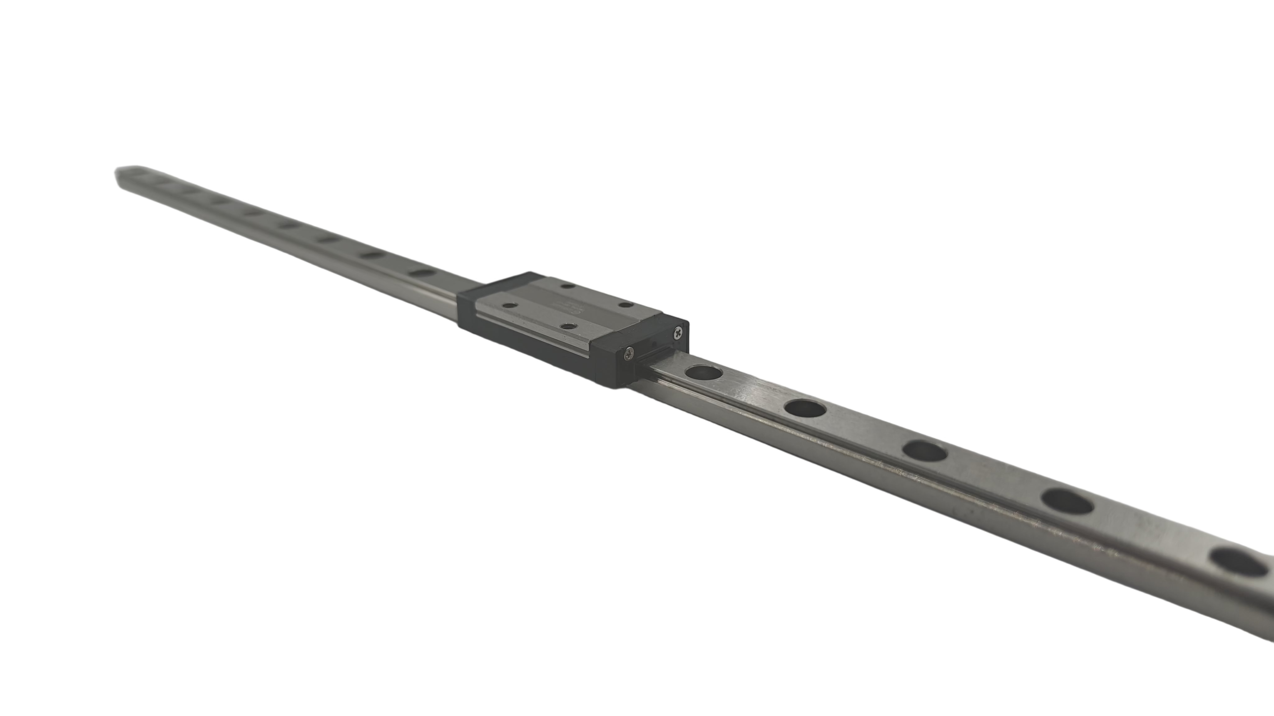 Metallic linear guide rail with a block on a white background