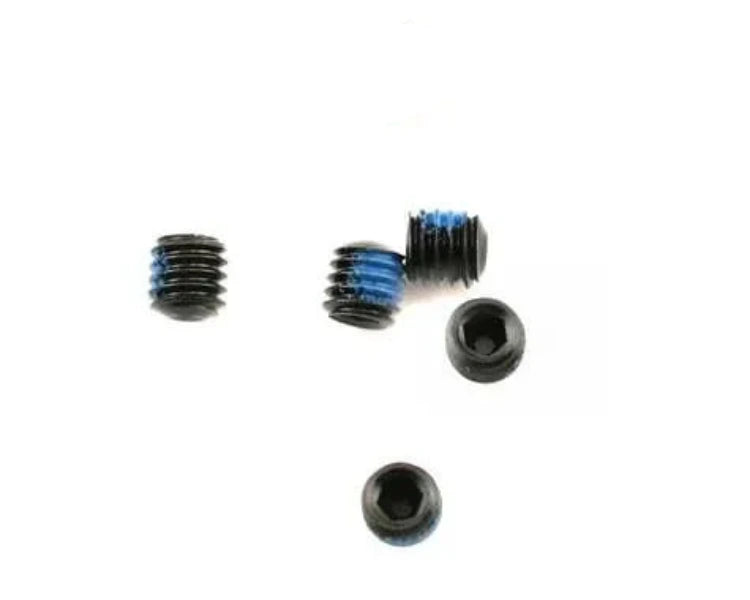 Five small black threaded fasteners with blue anti-seize compound on a plain white background.