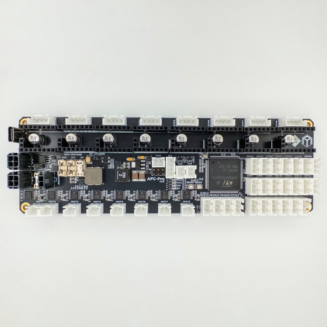 Electronic circuit board with connectors on a white background