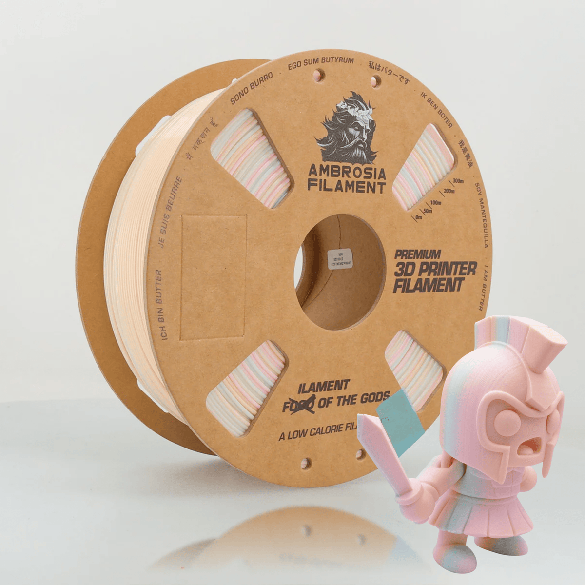 Spool of Ambrosia Filament 3D printer filament with a pink and white figurine on a light background