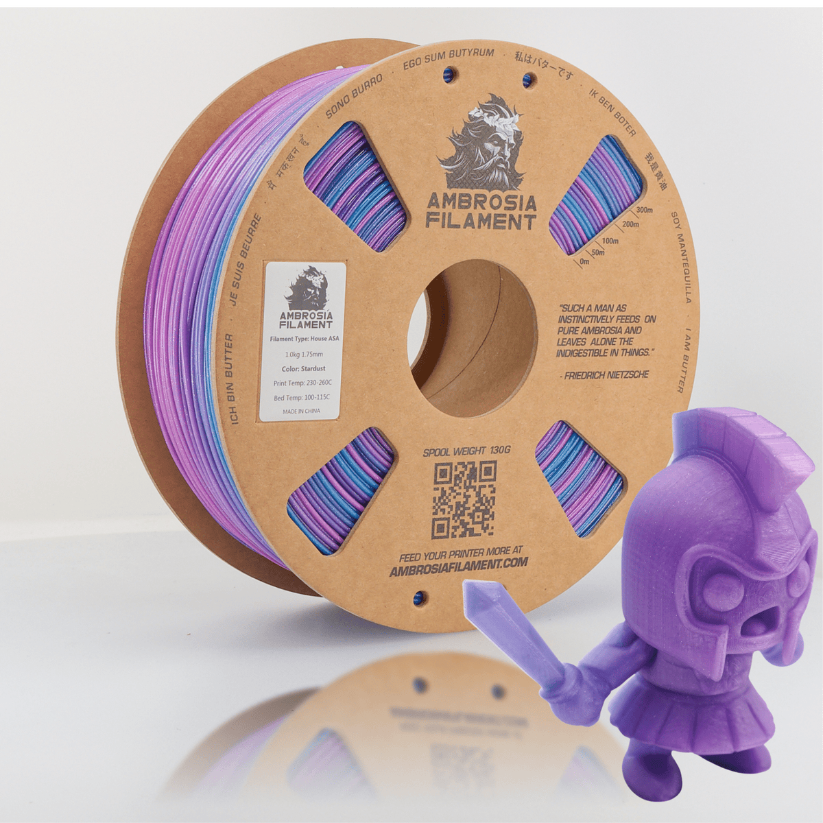 Spool of Ambrosia start dust Filament with a purple 3D printed figure on a white background