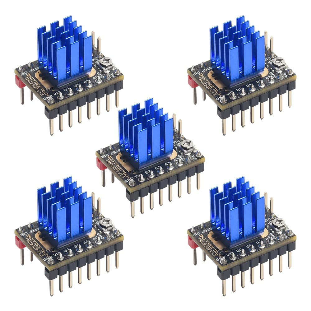 Five electronic components with blue heatsinks on a white background