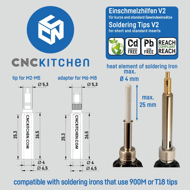 CNC Kitchen Soldering Tips V2 for M2,x, M3, M4, M5, M6+1/4", M8 - CNC - M2 - M8 - DREMC STORE