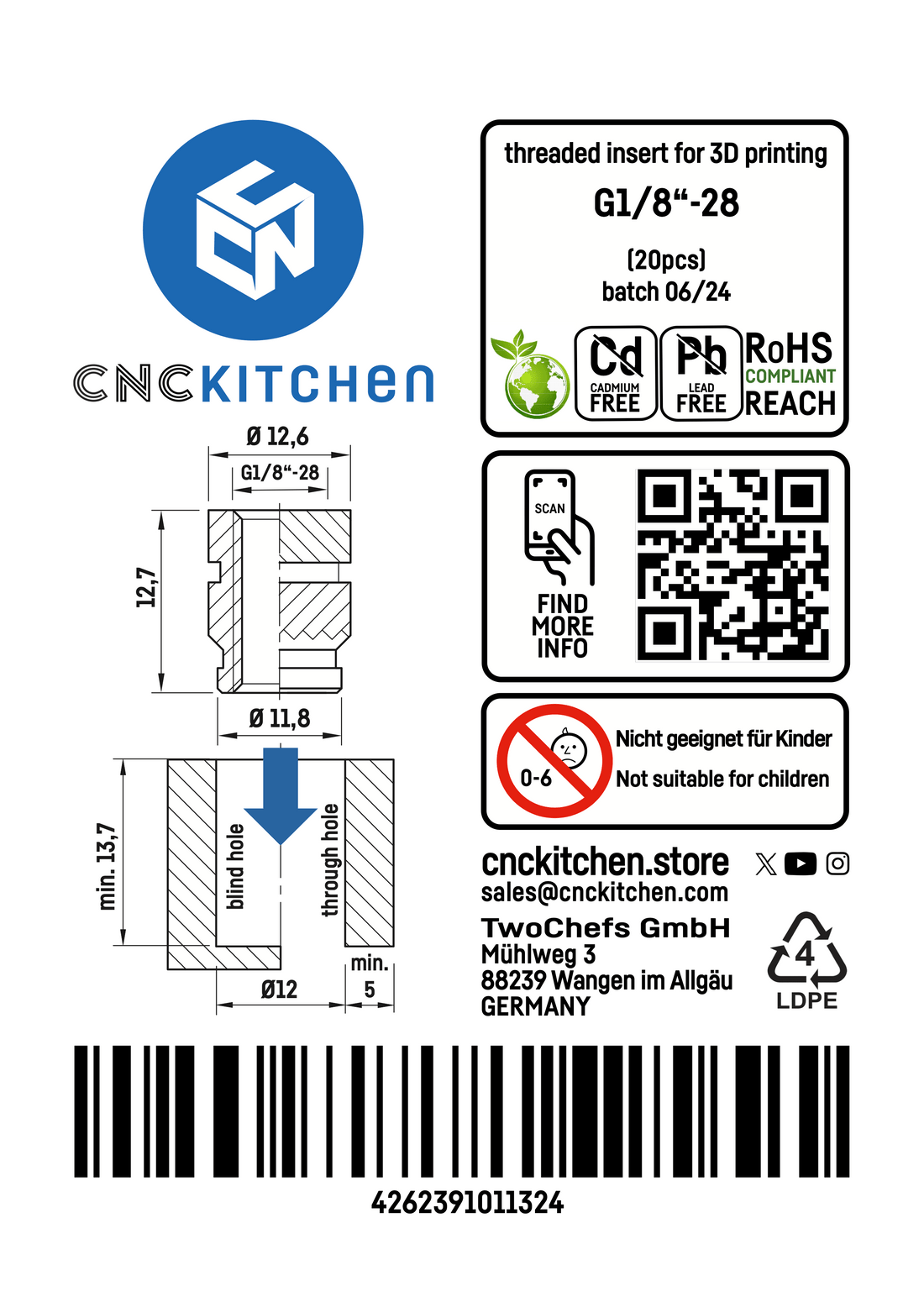 CNC Kitchen Threaded Insert M2 / M2.5 / M3 / M4 / M5 / M6 / M8 / M10 / 1.4" - G1/8 - 28x12.7 - 4262391011324 - DREMC STORE