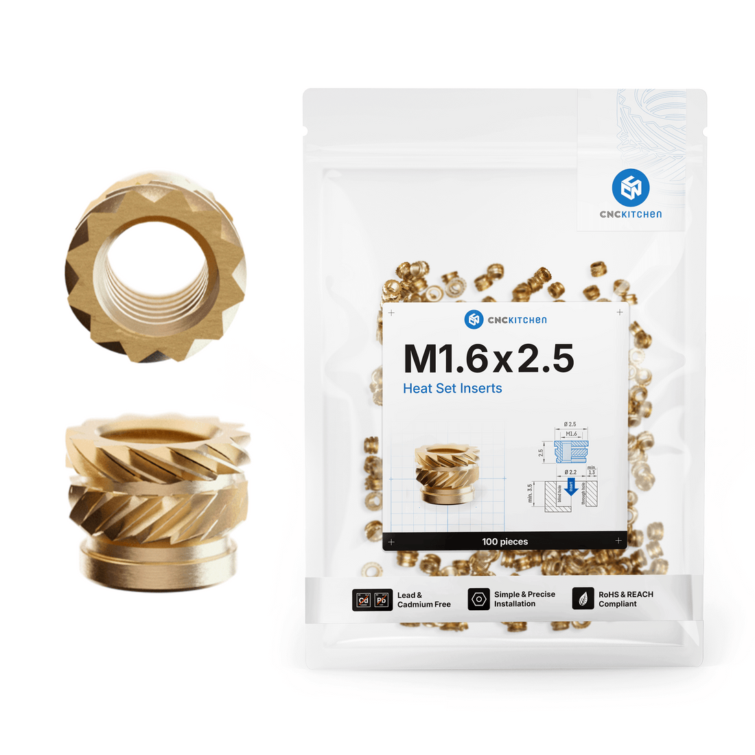 CNC Kitchen Threaded Insert M2 / M2.5 / M3 / M4 / M5 / M6 / M8 / M10 / 1.4" - M10 - 4262391011744 - DREMC STORE