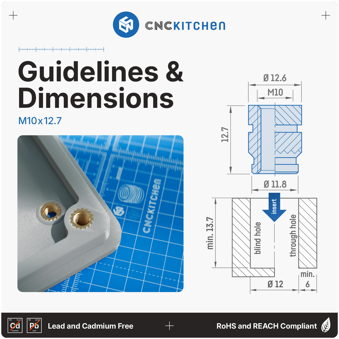 CNC Kitchen Threaded Insert M2 / M2.5 / M3 / M4 / M5 / M6 / M8 / M10 / 1.4" - M10 - 4262391011744 - DREMC STORE