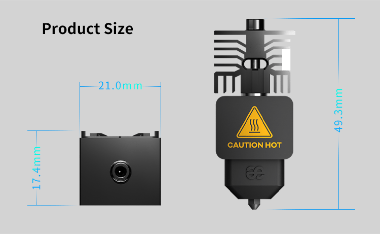 Measurement chart showing dimensions of a black product with a caution hot label on a gray background.