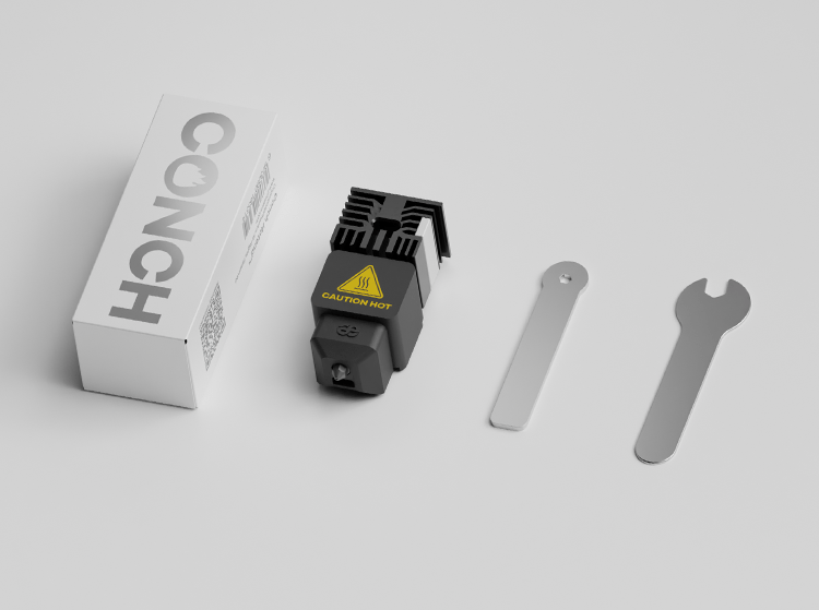 Conch H2D Hotend component with tools on a gray background