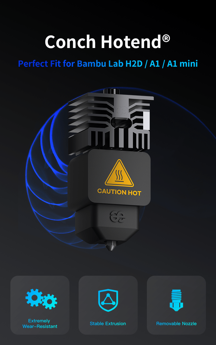 Conch Hotend for Bambu Lab H2D/A1/A1 mini with features highlighted on a dark background