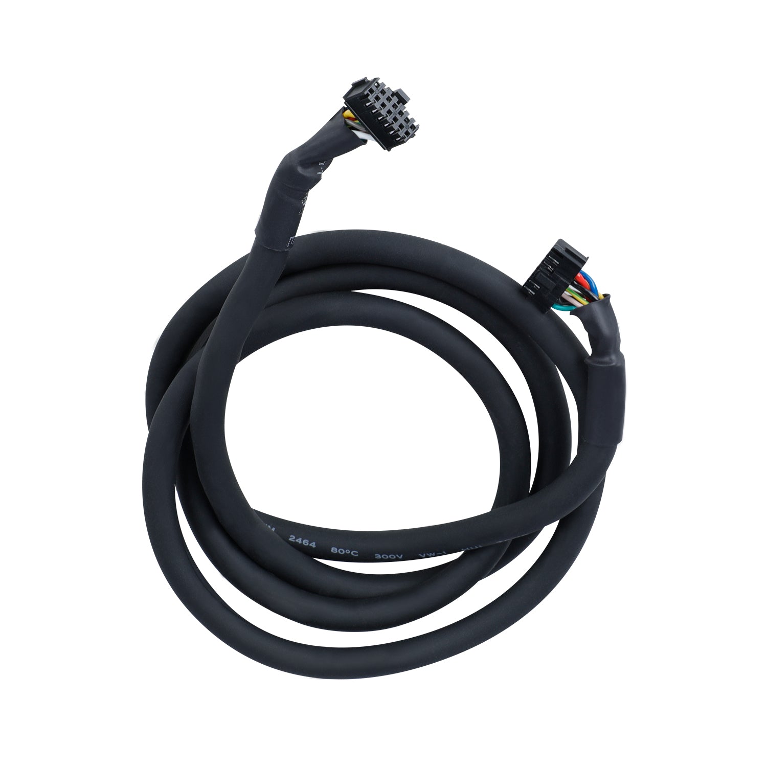 Coiled black cable with connectors on a white background