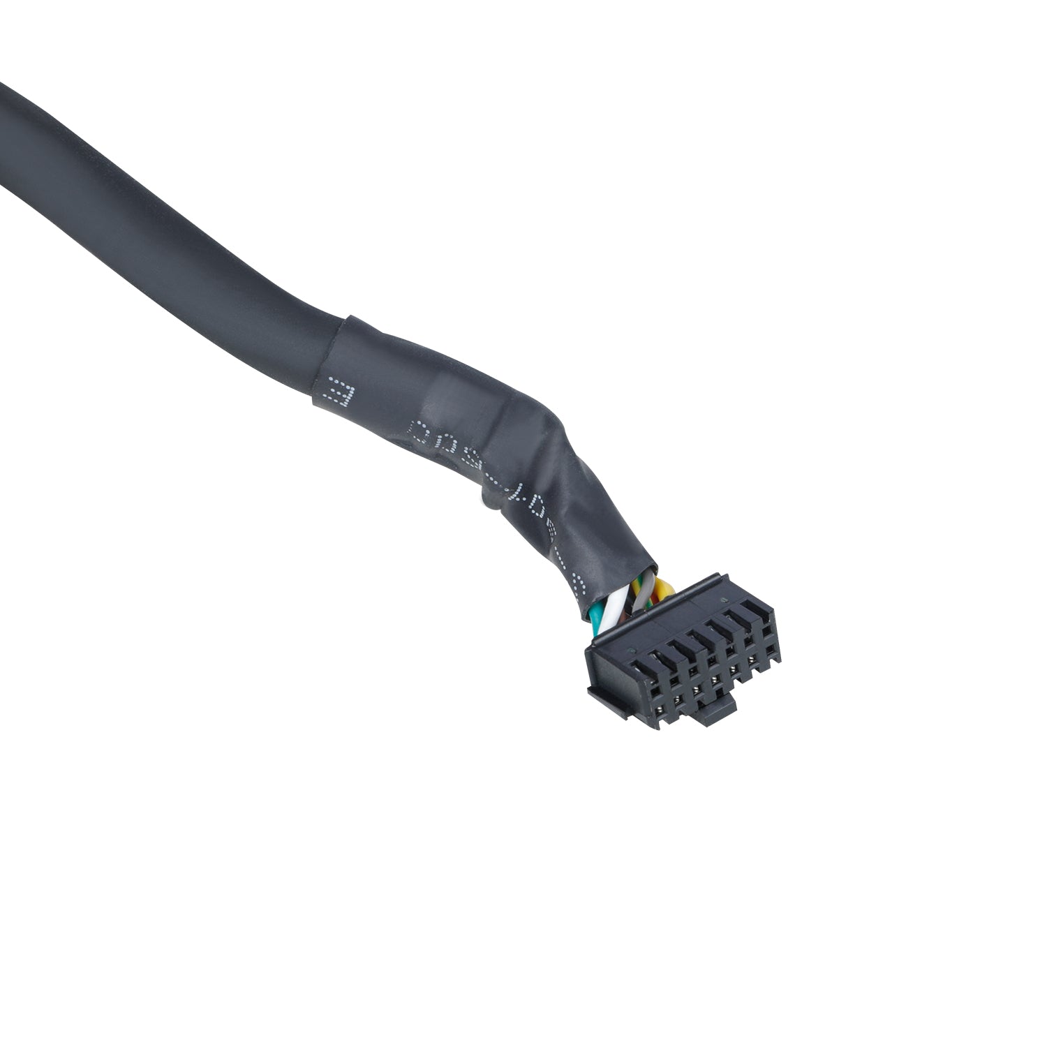 Black cable with a connector on a white background