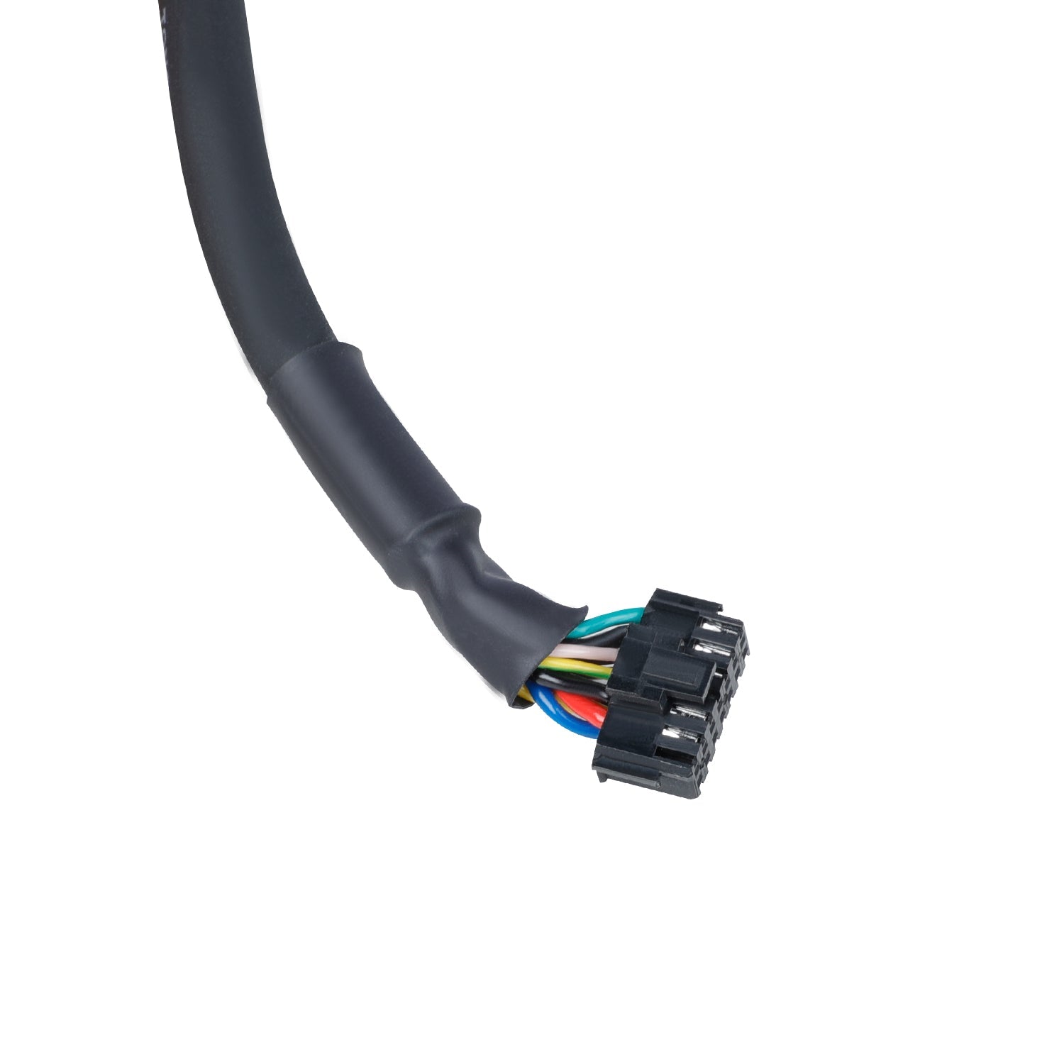 Black wiring harness with colored wires on a white background