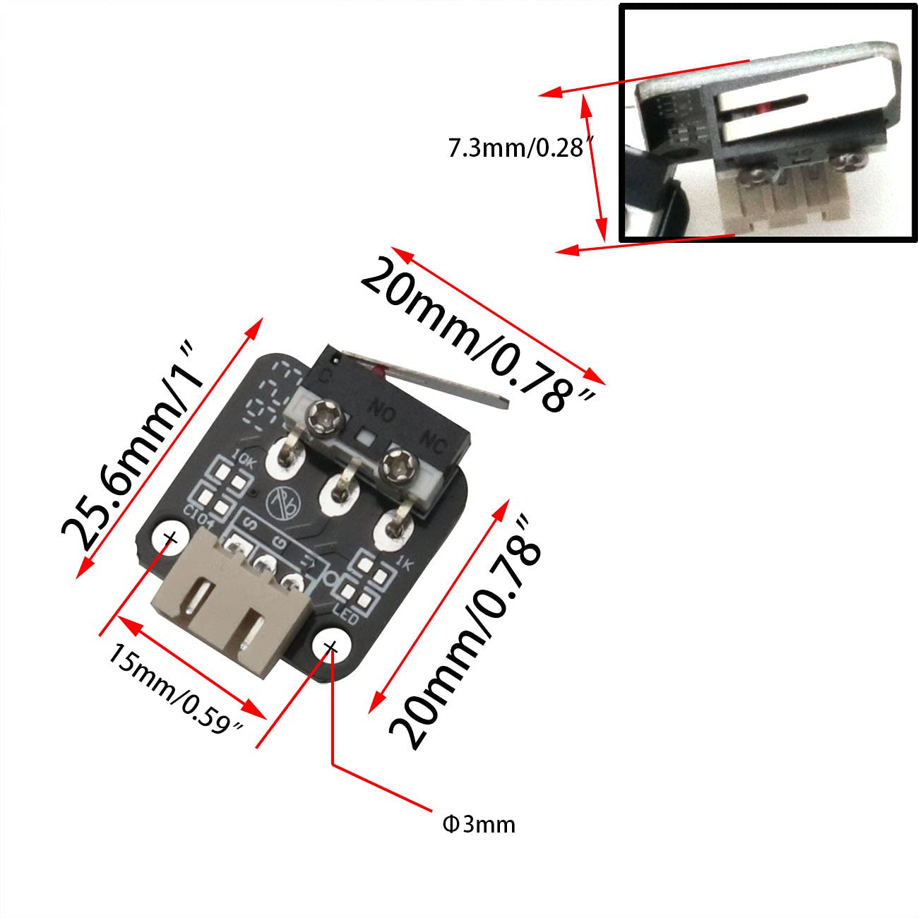 Creality Legacy Ender 3/CR10 Limit Switch with dimensions labeled on a white background