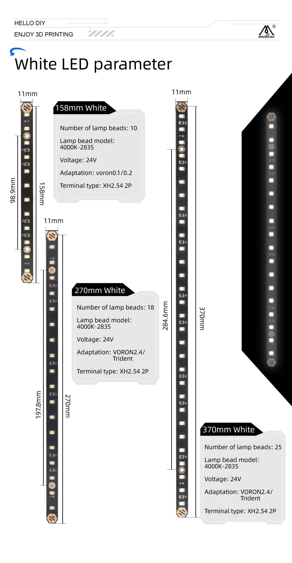 Daylight & Daylight Neo (RGB) Daylight LED Bar (1pc) by Mellow3D - 158mm White Led - 10VORONWLED158 - DREMC STORE