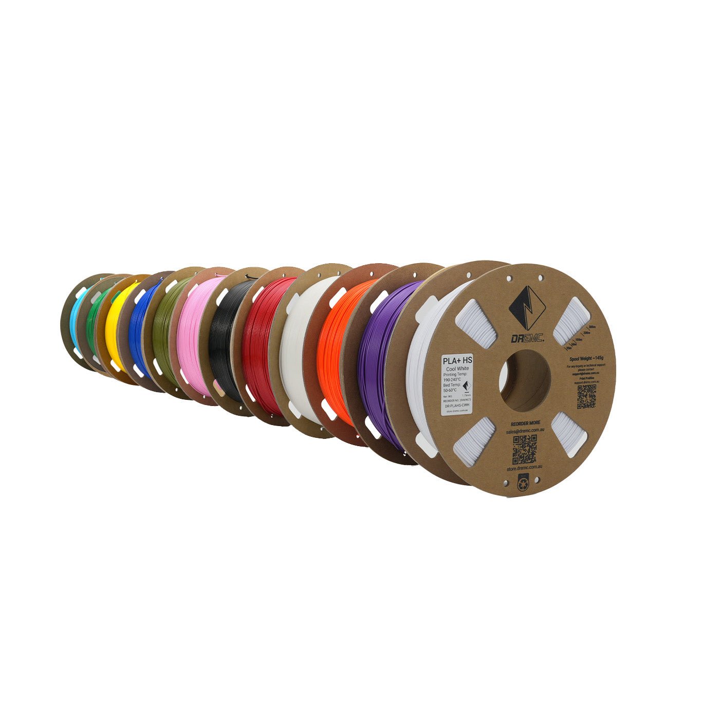 Row of spools of colorful filament on a white background