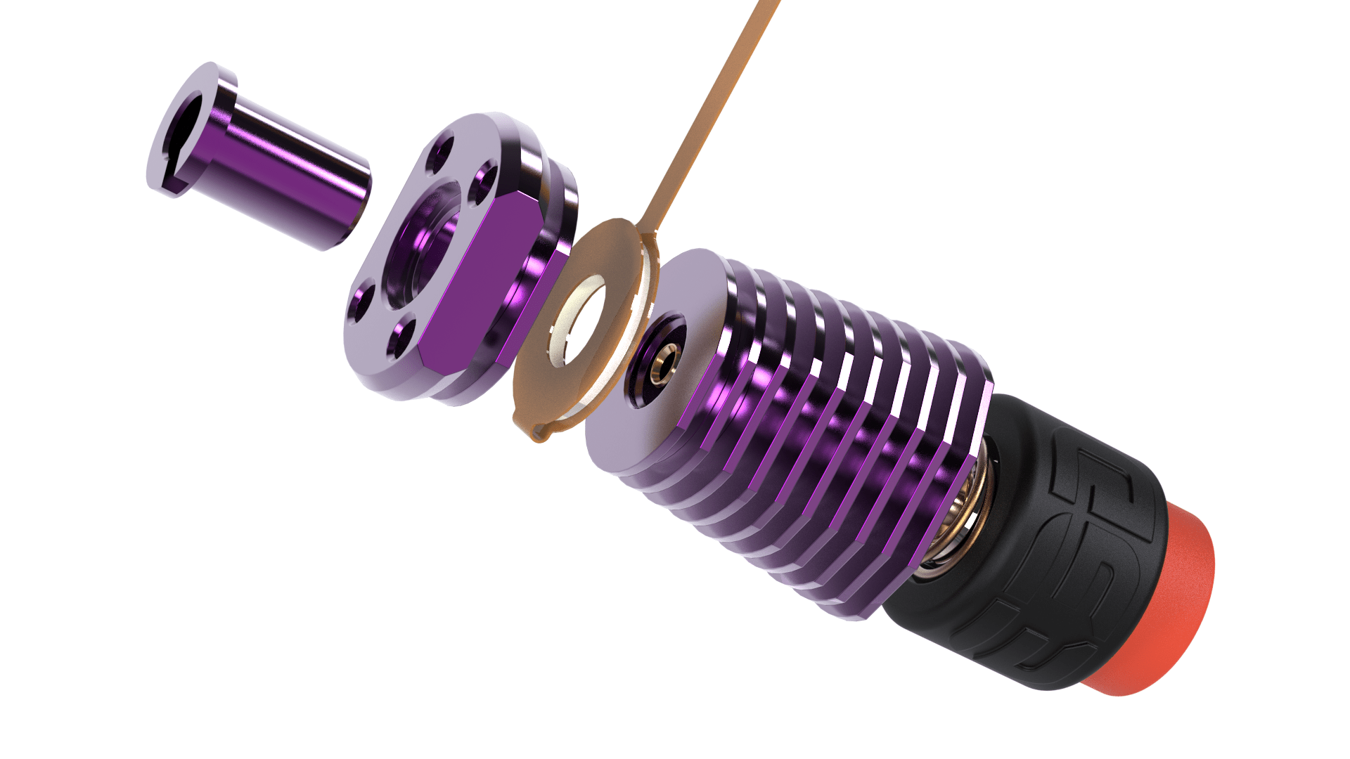 An illustration of the E3D PZ Probe, showing a piezoelectric element mounted on a heatsink, with cables and a nozzle attached.