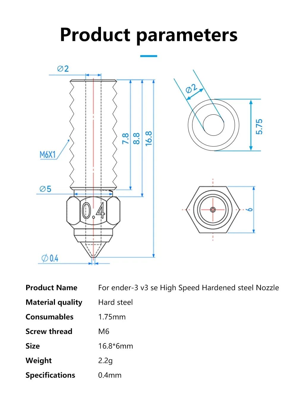 Ender 3 V3 SE / Ender 5 S1 Replacement Brass Nozzle Dimension / Workdrawing 