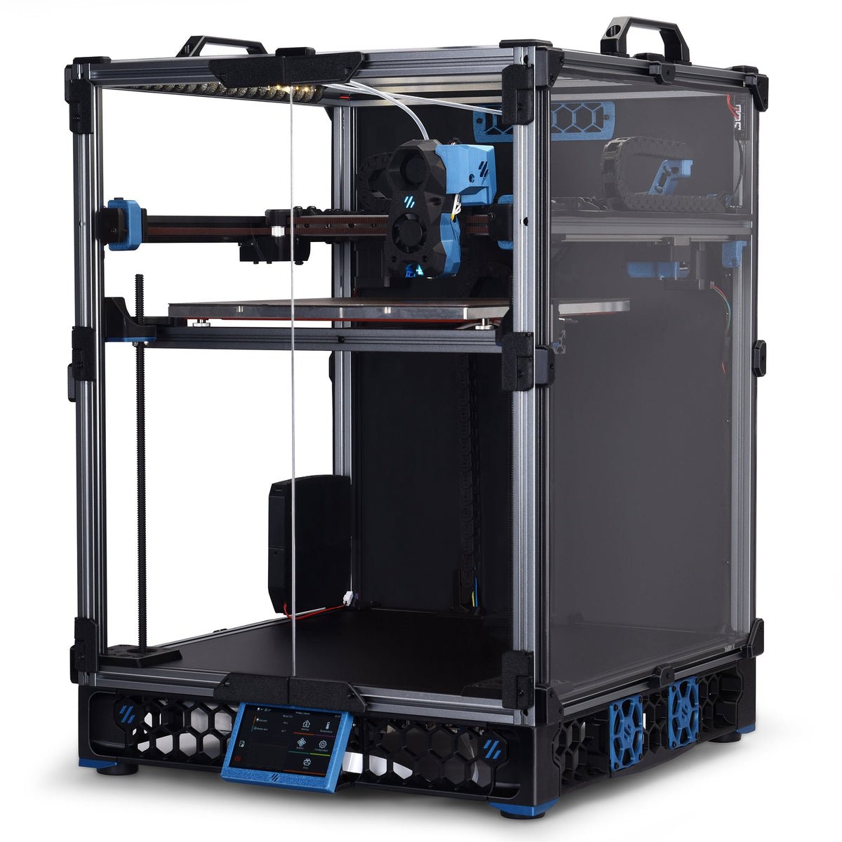 3D printer with transparent side panels on a white background