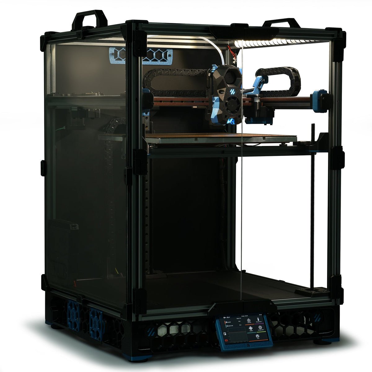 3D printer with a transparent build area on a white background