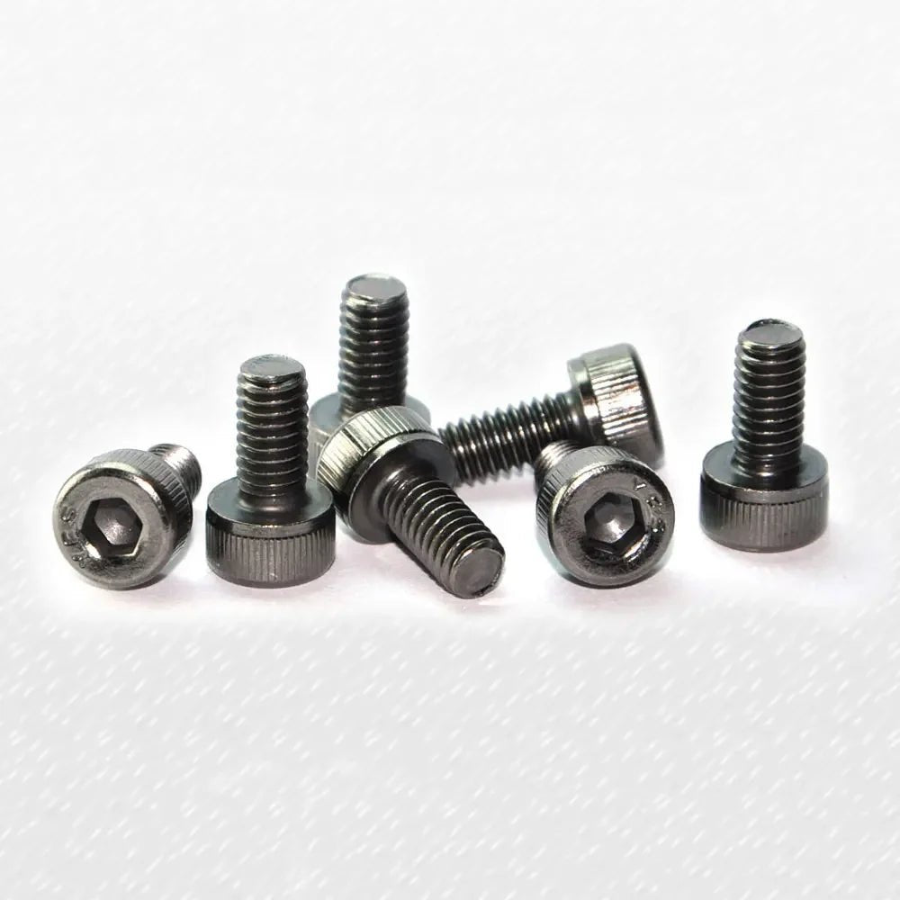A set of black nickel plating socket head cap screws with a hexagonal socket drive.