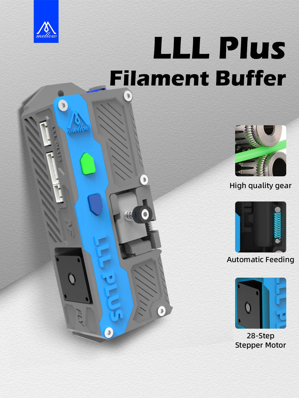 LLL Plus Filament Buffer with features highlighted on a gray background