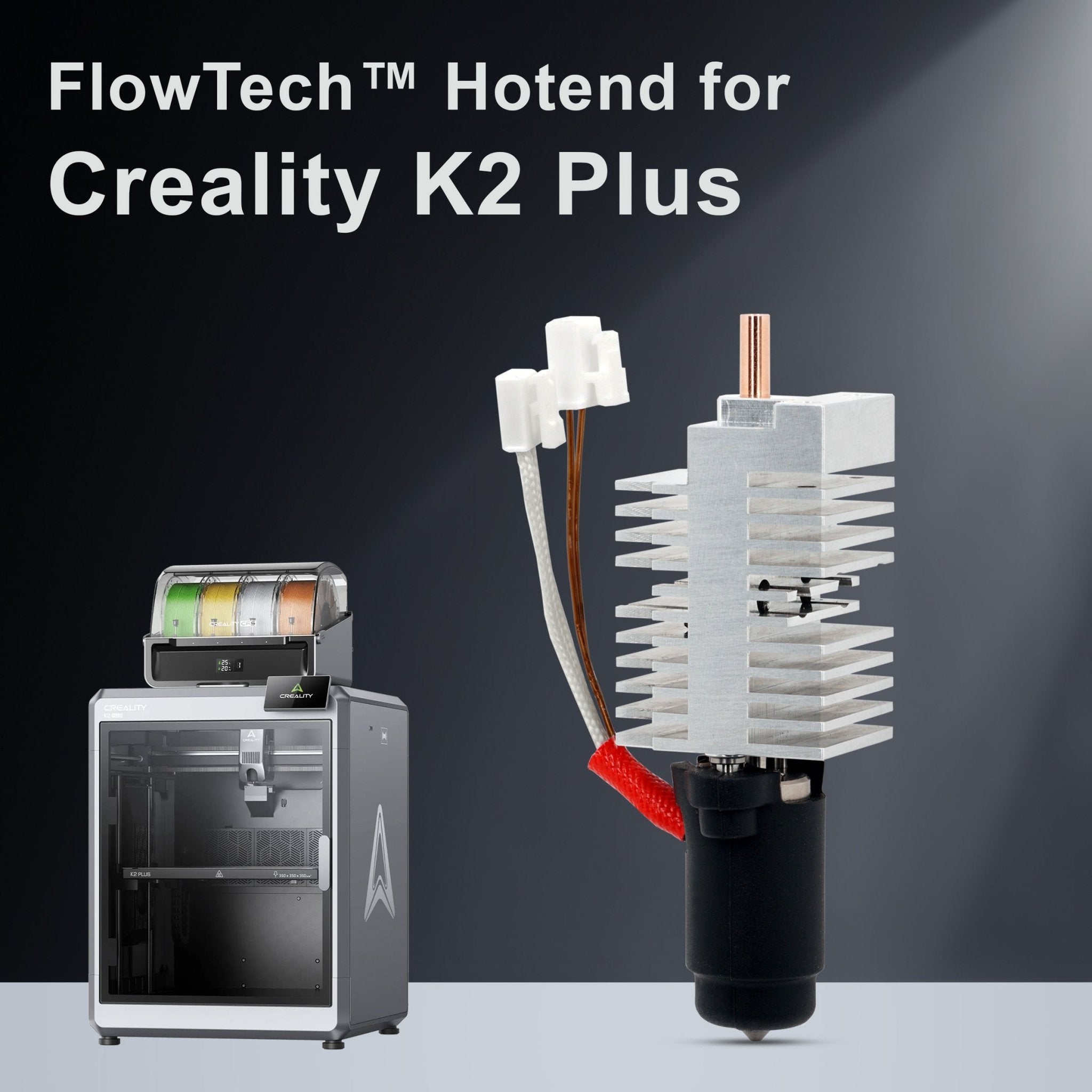 Flowtech K2 Hotend showing compatible with Creality K2 Plus 3d Printer. 