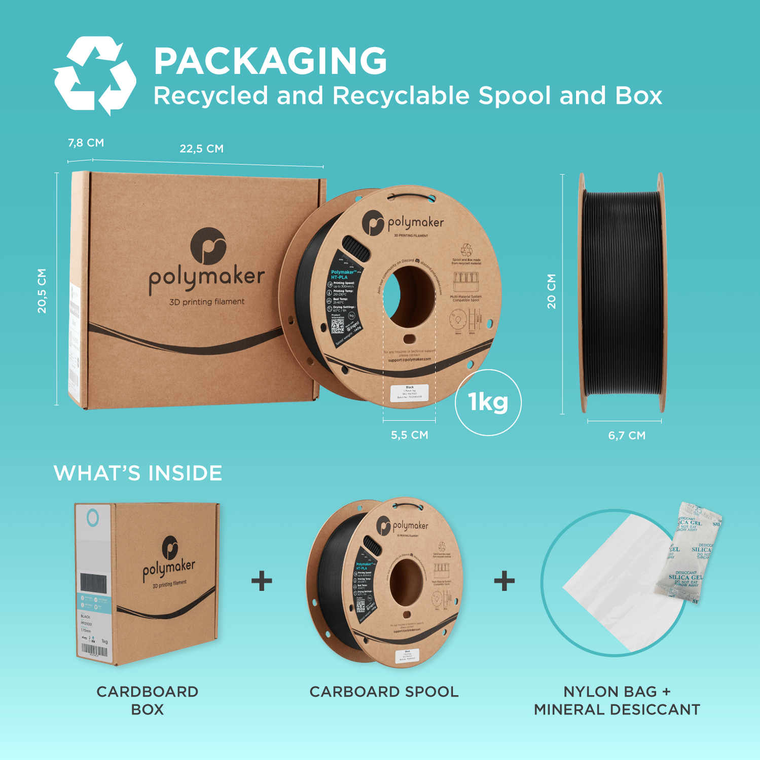 Recycled and recyclable spool and box packaging with Polymaker branding on a teal background.