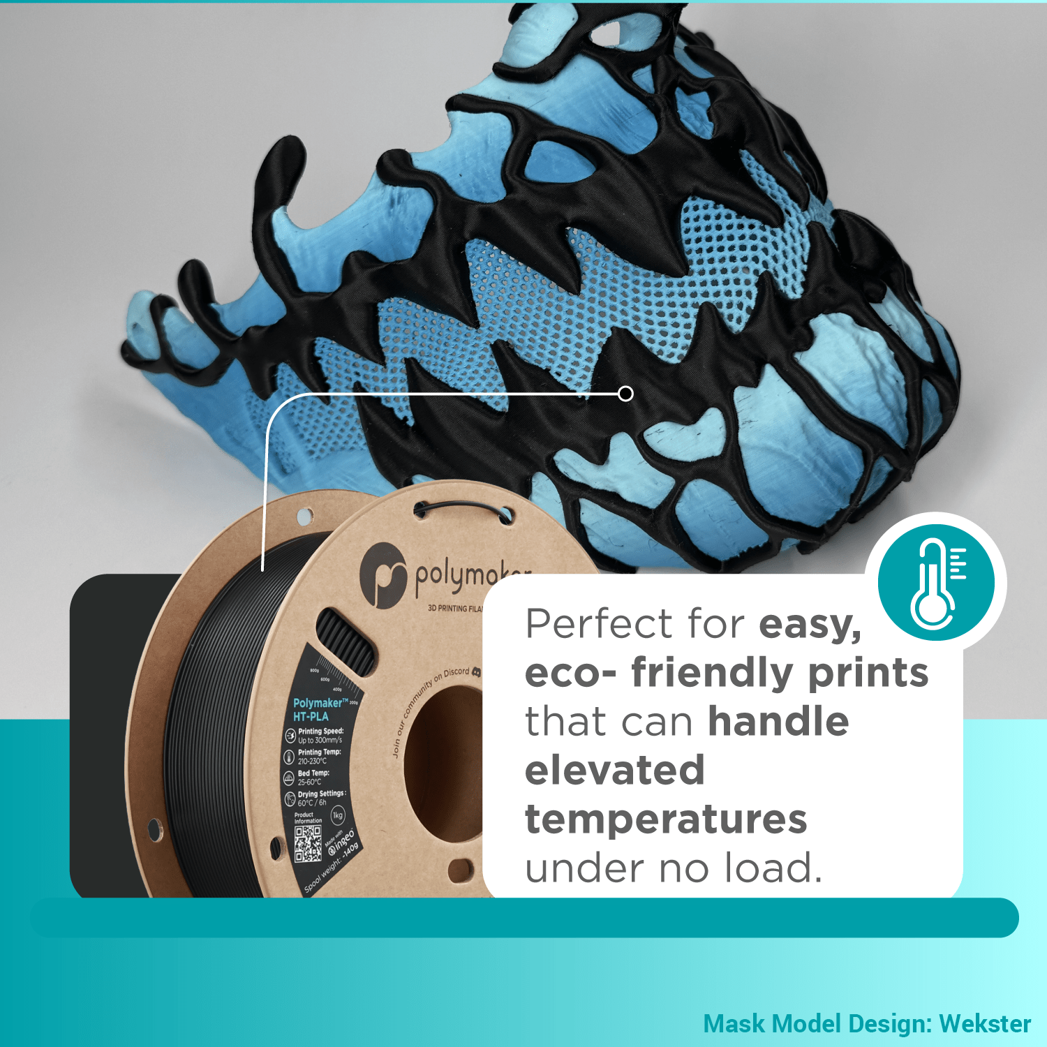 Black and blue textured mask with a spool of filament and text about eco-friendly printing.