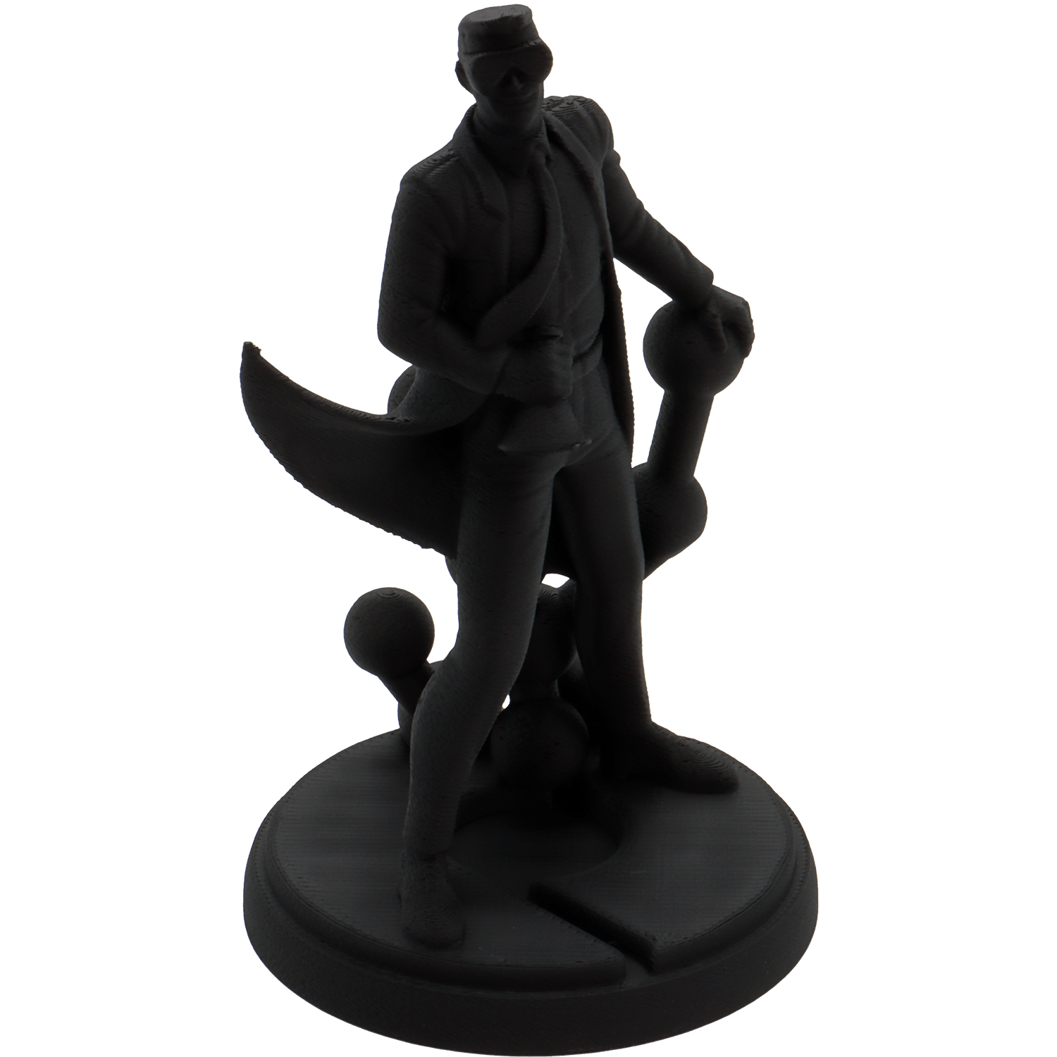Black figurine of a man in a suit on a white background