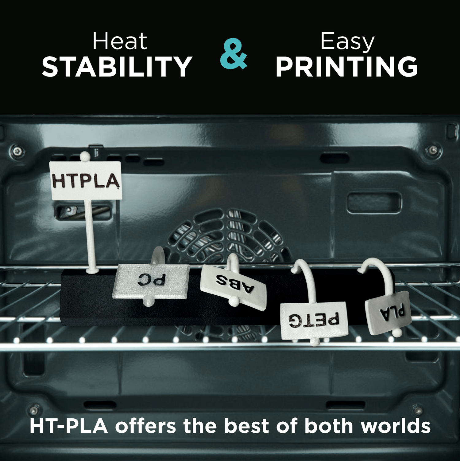Oven with HT-PLA labeled material inside, emphasizing heat stability and easy printing.