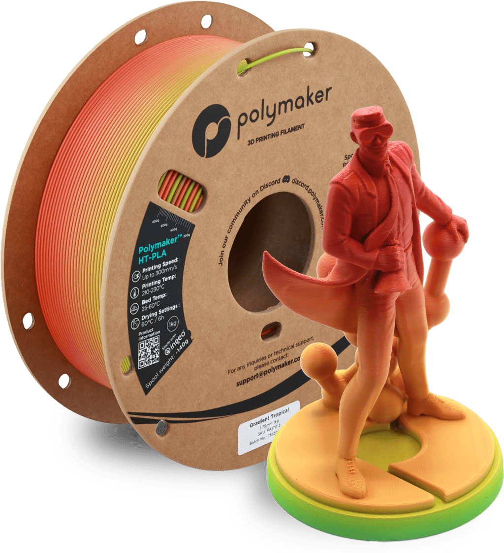 Spool of Polymaker 3D printing filament with a 3D printed figure on a white background