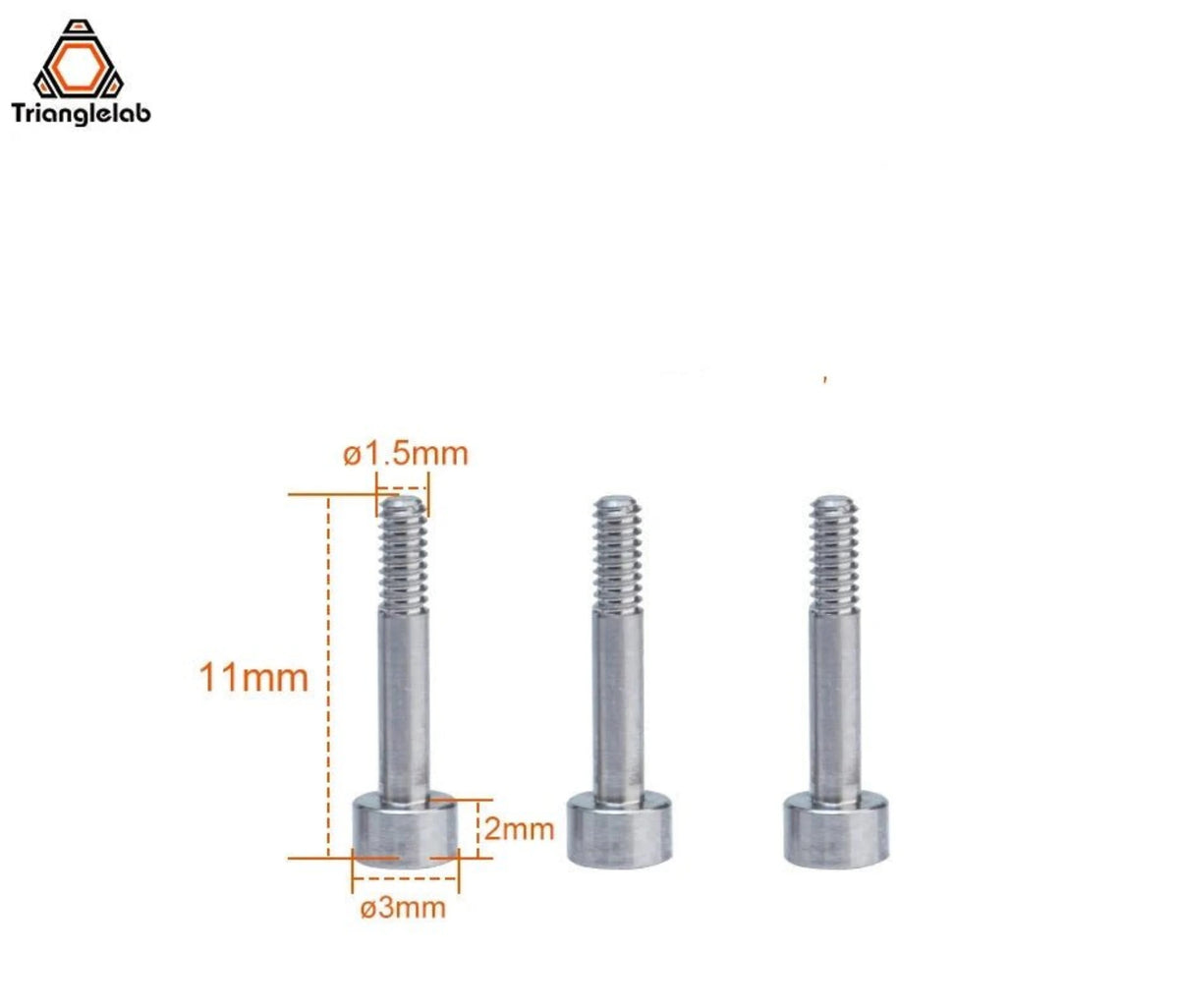 Set of screws with measurements on a white background, featuring Trianglelab logo.