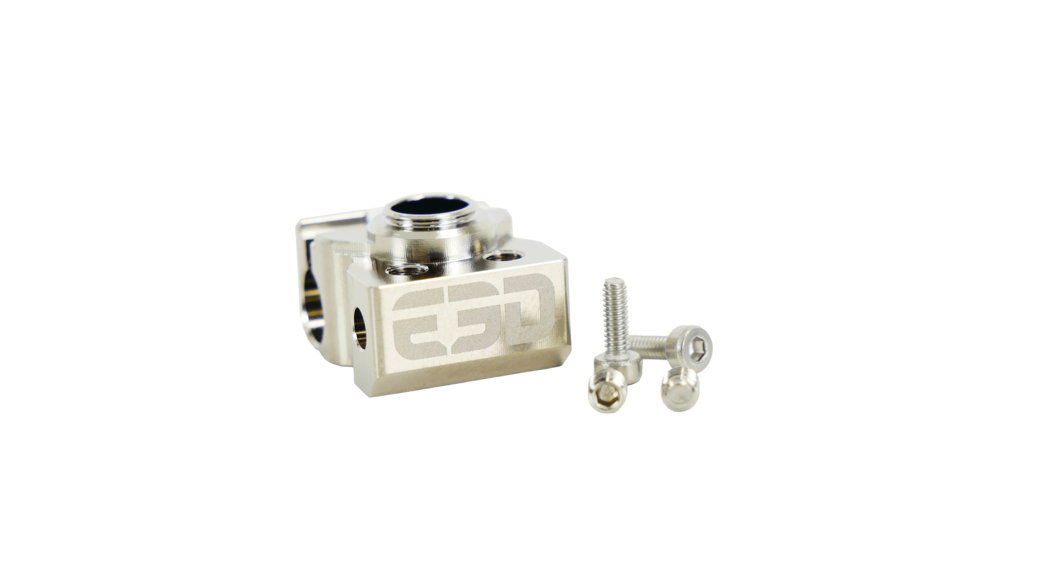 A silver-colored Revo High-Temperature Block with Fixings, designed for 3D printers, displayed on a white background.