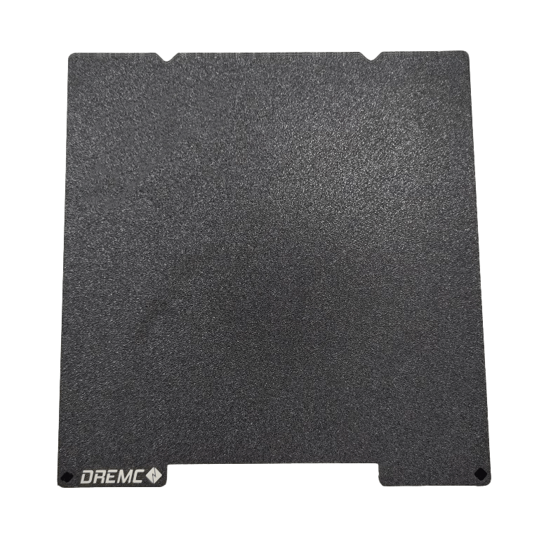 A single sided black textured PEI build plate with the DREMCL brand logo at the bottom right corner.
