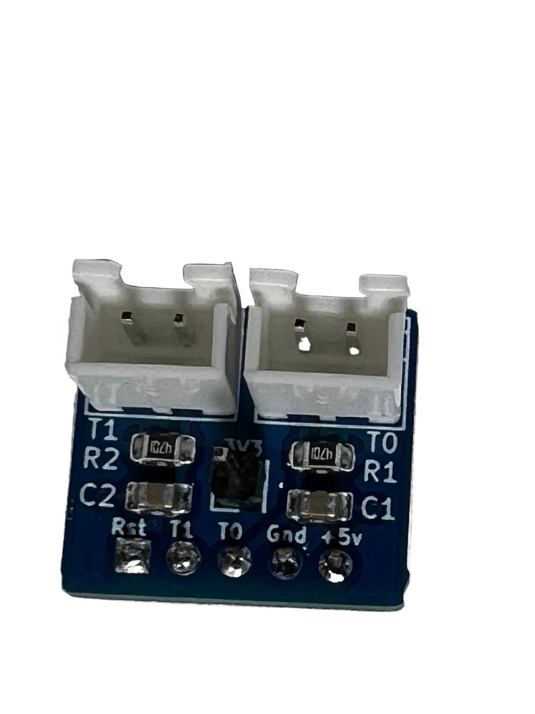 Electronic component with connectors and labeled pins on a white background
