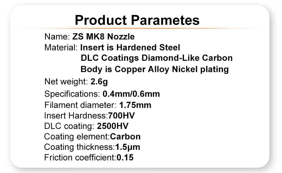 Trianglelab 1PC ZS MK8 Hardened Steel Tip Nozzle - 0.4mm - TL - ZSMK8 - 40 - DREMC STORE