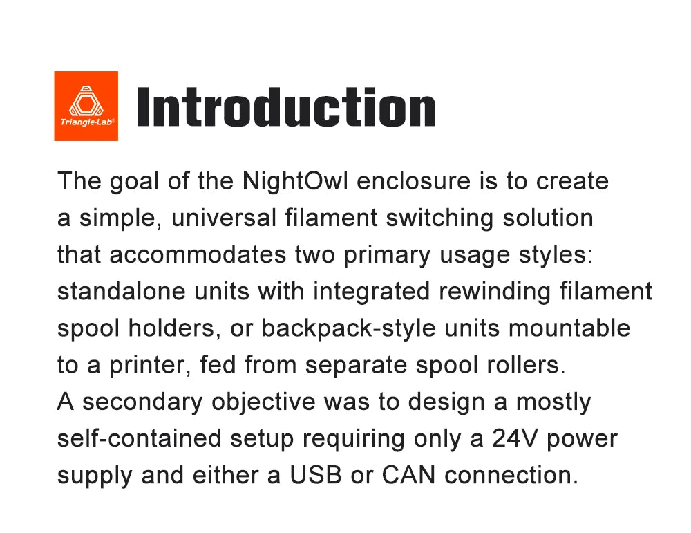 Text introduction about NightOwl enclosure with TriangleLab logo.