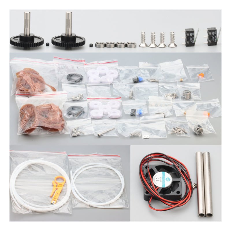 Collection of electronic components and parts on a gray background