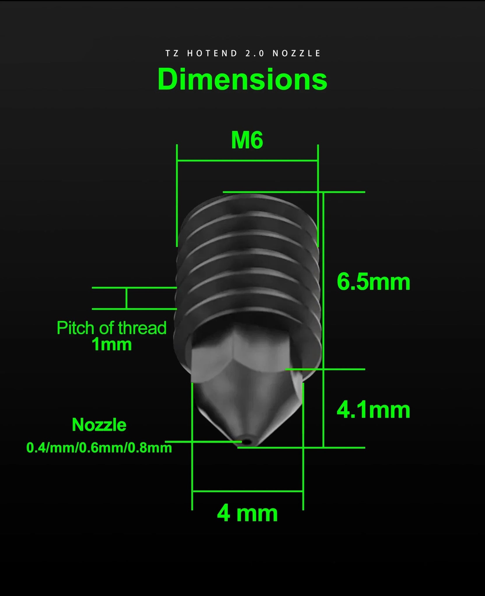 TZ hardened steel nozzle for TZ 1.0, TZ2.0, TZ3.0 style hotends - 0.2mm - F - TZ - 02 - DREMC STORE