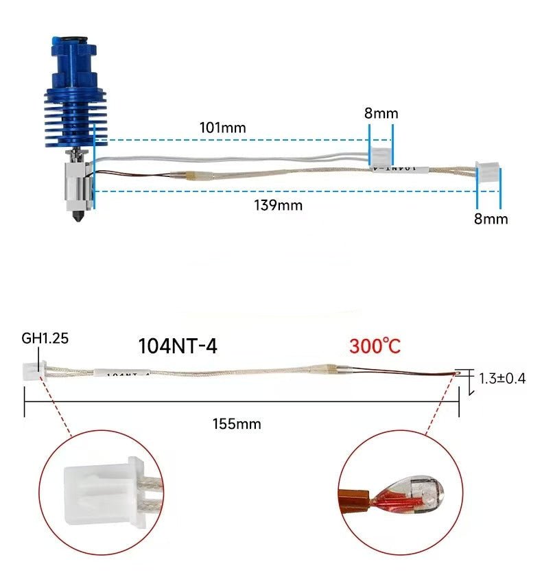 V6 TZ Hotend Thermistor(101mm) Heater (139mm) Wiring length for shorter module. 