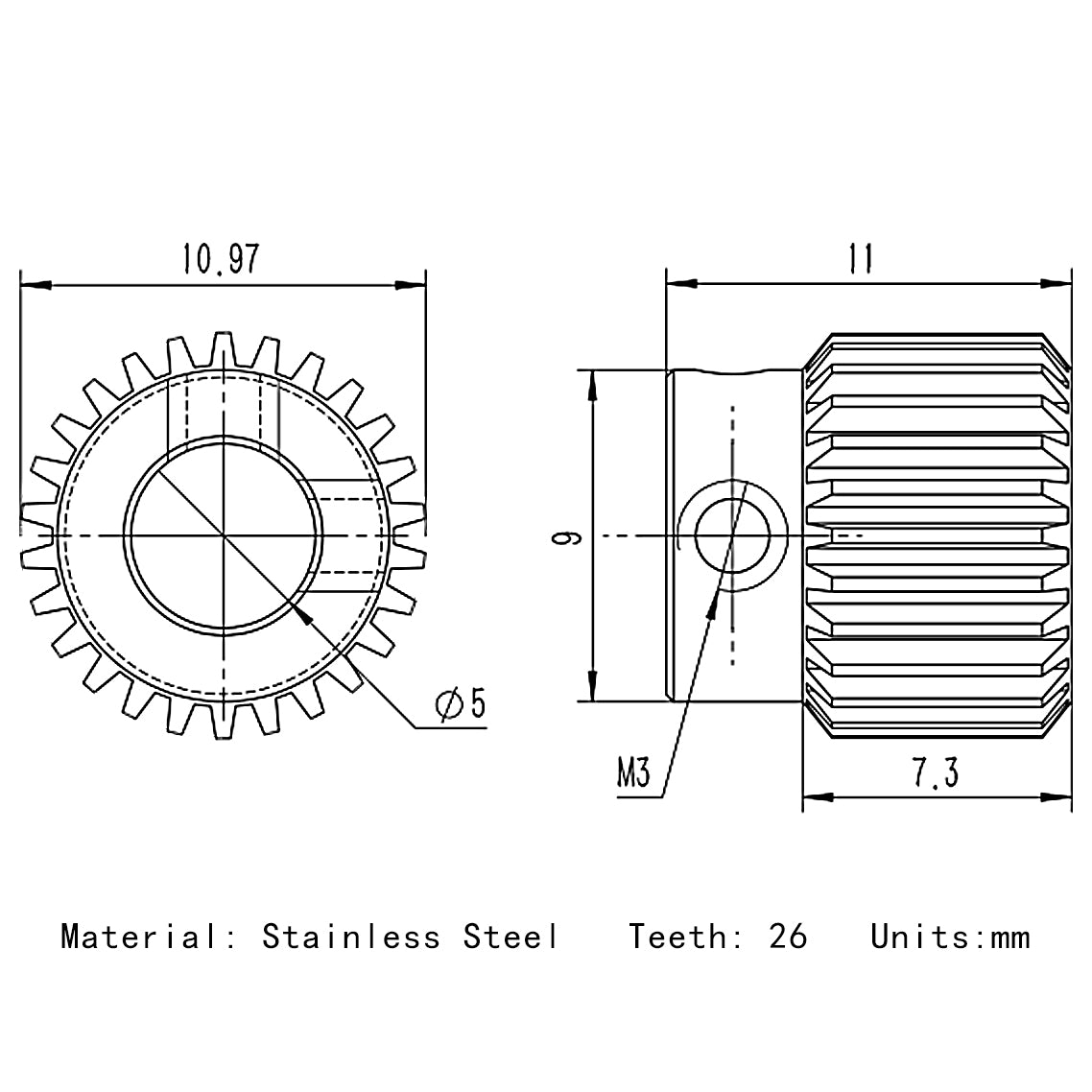 Stainless Steel Extruder Gear 26 teeth