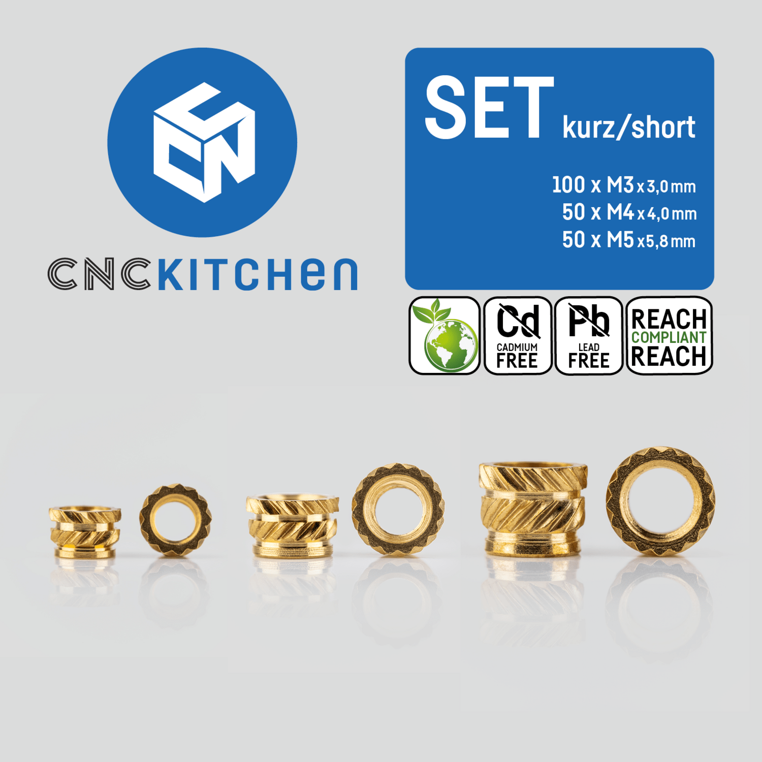 CNC Kitchen Threaded Insert M2 / M2.5 / M3 / M4 / M5 / M6 / M8 / M10 / 1.4" - Set (M3 / M4 / M5) - 0054047419615 - DREMC STORE