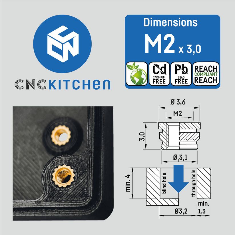 CNC Kitchen Threaded Insert M2 / M2.5 / M3 / M4 / M5 / M6 / M8 / M10 / 1.4" - M2 - 4262391010013 - DREMC STORE