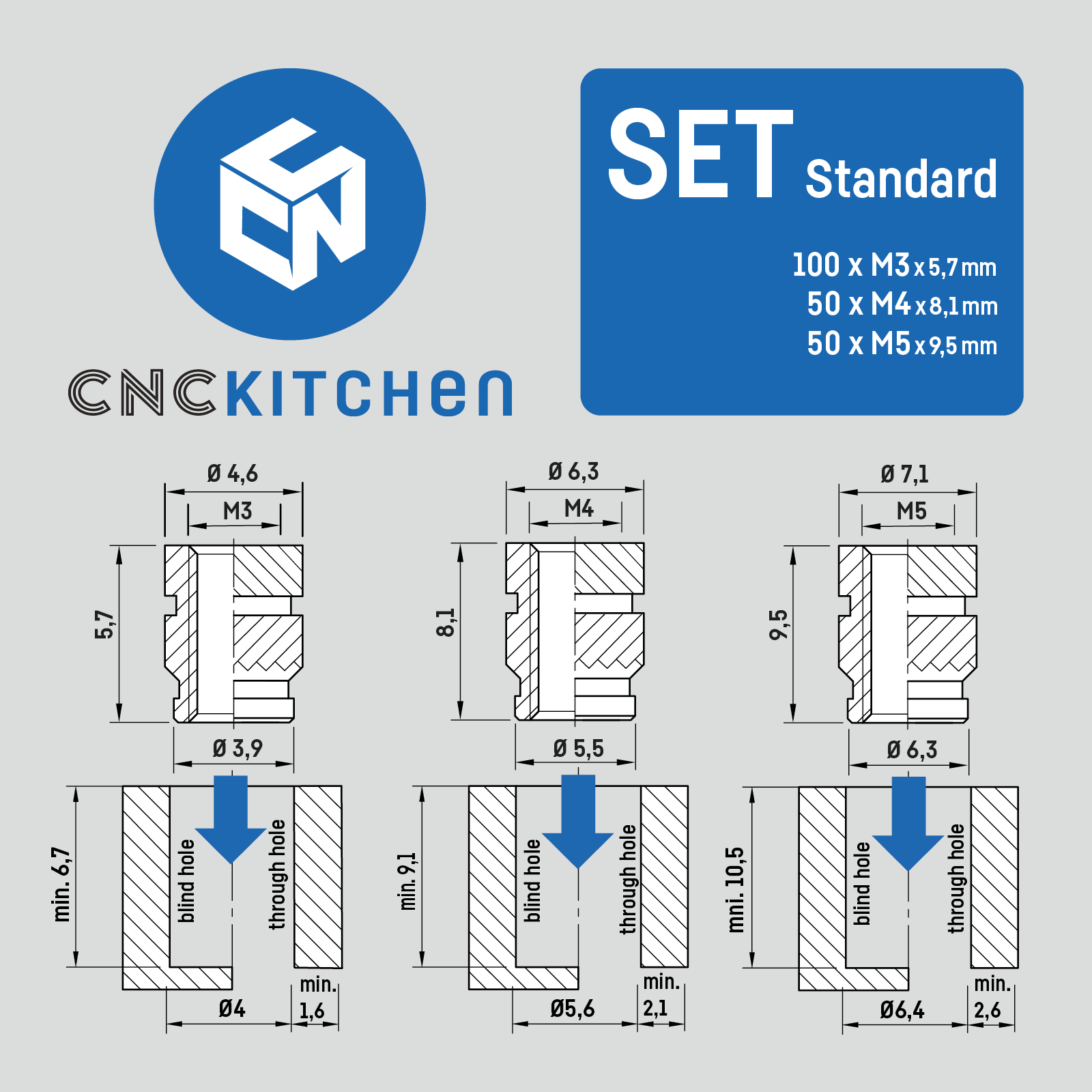CNC Kitchen Threaded Insert M2 / M2.5 / M3 / M4 / M5 / M6 / M8 / M10 / 1.4" - Set (M3 / M4 / M5) - 4270002316478 - DREMC STORE
