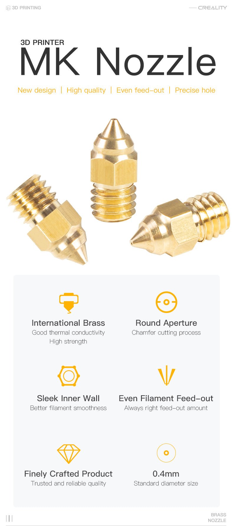 A set of Creality MK8 brass nozzles for 3D printers, showing various nozzle sizes.