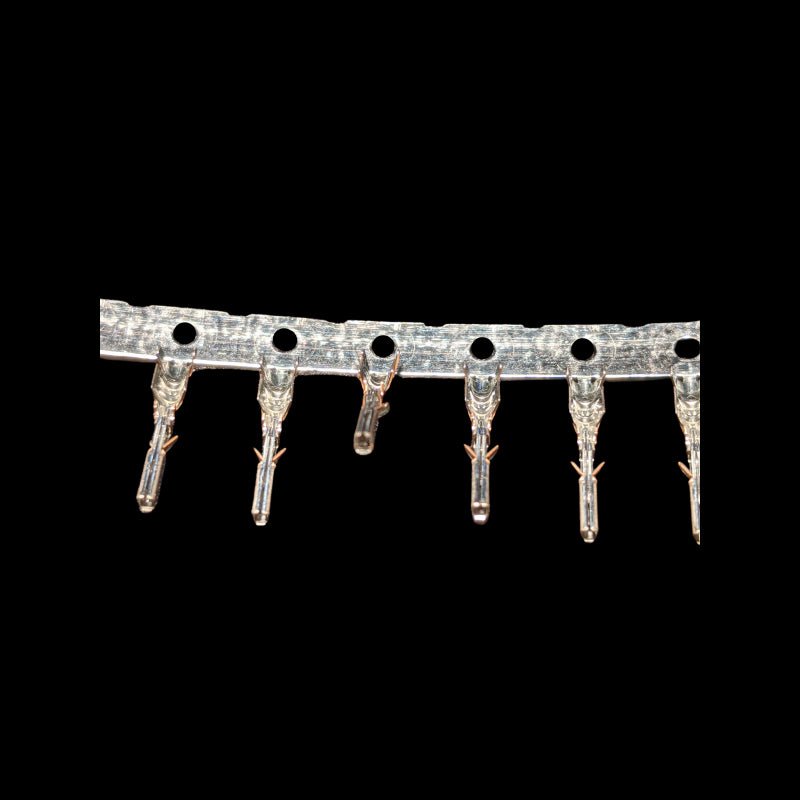 A set of clear, plastic Molex Microfit 3.0 crimp sockets for electrical connections, displayed against a black background.